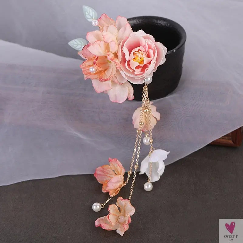 Silk Flower Hairpins/Clips - Fairy Floral Hair Pins/Barrettes for Women Girls, Retro Chinese Pendant Jewelry
