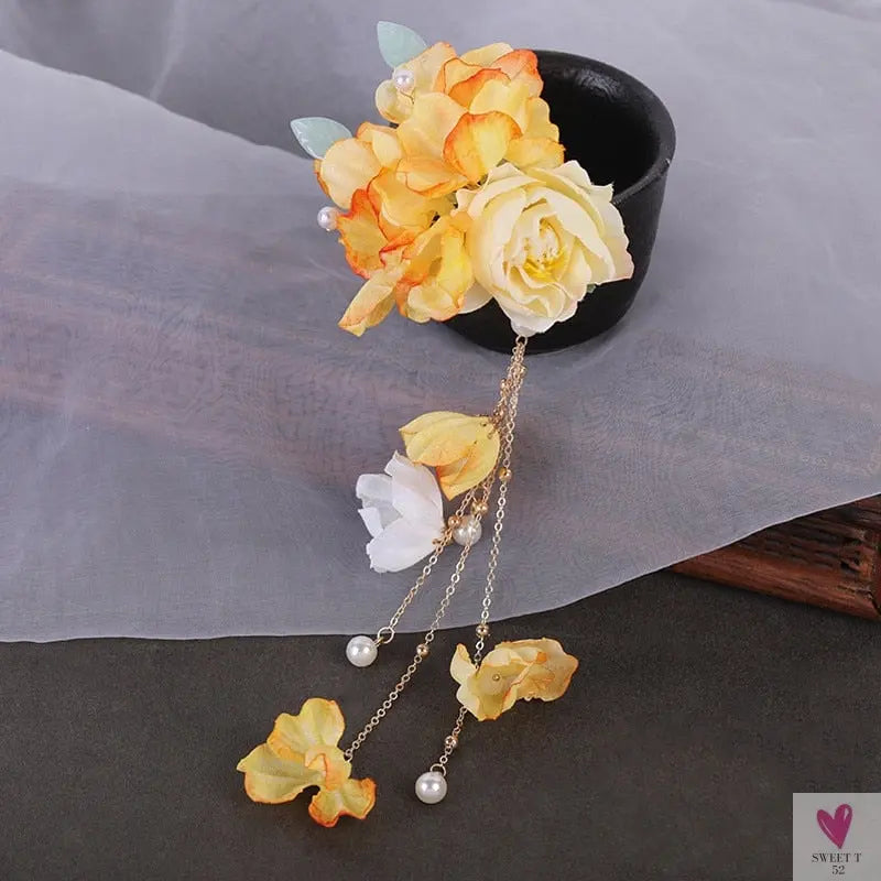 Silk Flower Hairpins/Clips - Fairy Floral Hair Pins/Barrettes for Women Girls, Retro Chinese Pendant Jewelry