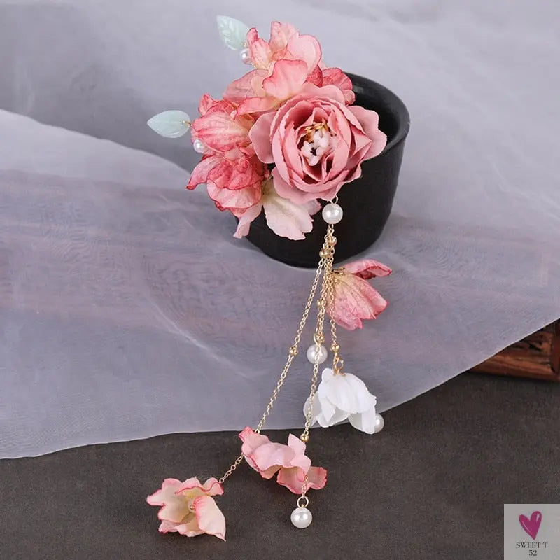Silk Flower Hairpins/Clips - Fairy Floral Hair Pins/Barrettes for Women Girls, Retro Chinese Pendant Jewelry