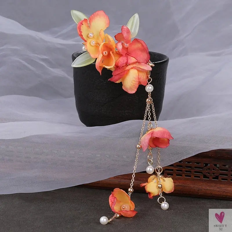 Silk Flower Hairpins/Clips - Fairy Floral Hair Pins/Barrettes for Women Girls, Retro Chinese Pendant Jewelry