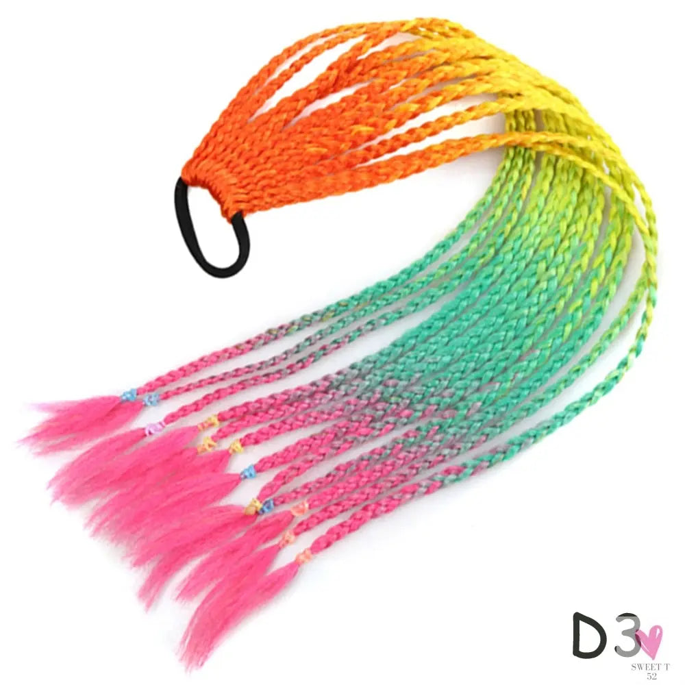 Synthetic Gradient Color Braided Ponytail - 60 CM Elastic Rubber Band Braiding Pony Tail Hair Extensions For Girls