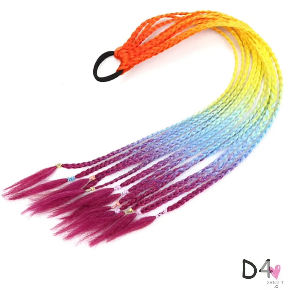 Synthetic Gradient Color Braided Ponytail - 60 CM Elastic Rubber Band Braiding Pony Tail Hair Extensions For Girls