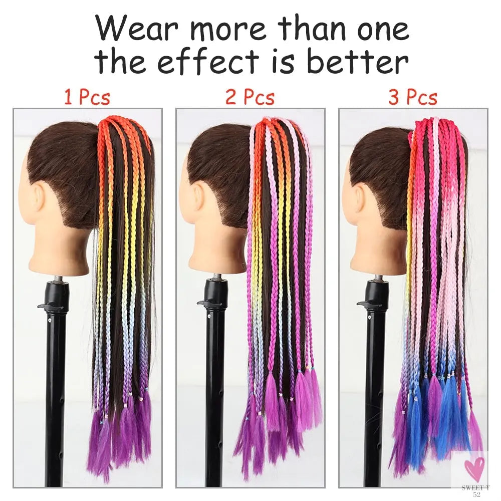 Synthetic Gradient Color Braided Ponytail - 60 CM Elastic Rubber Band Braiding Pony Tail Hair Extensions For Girls