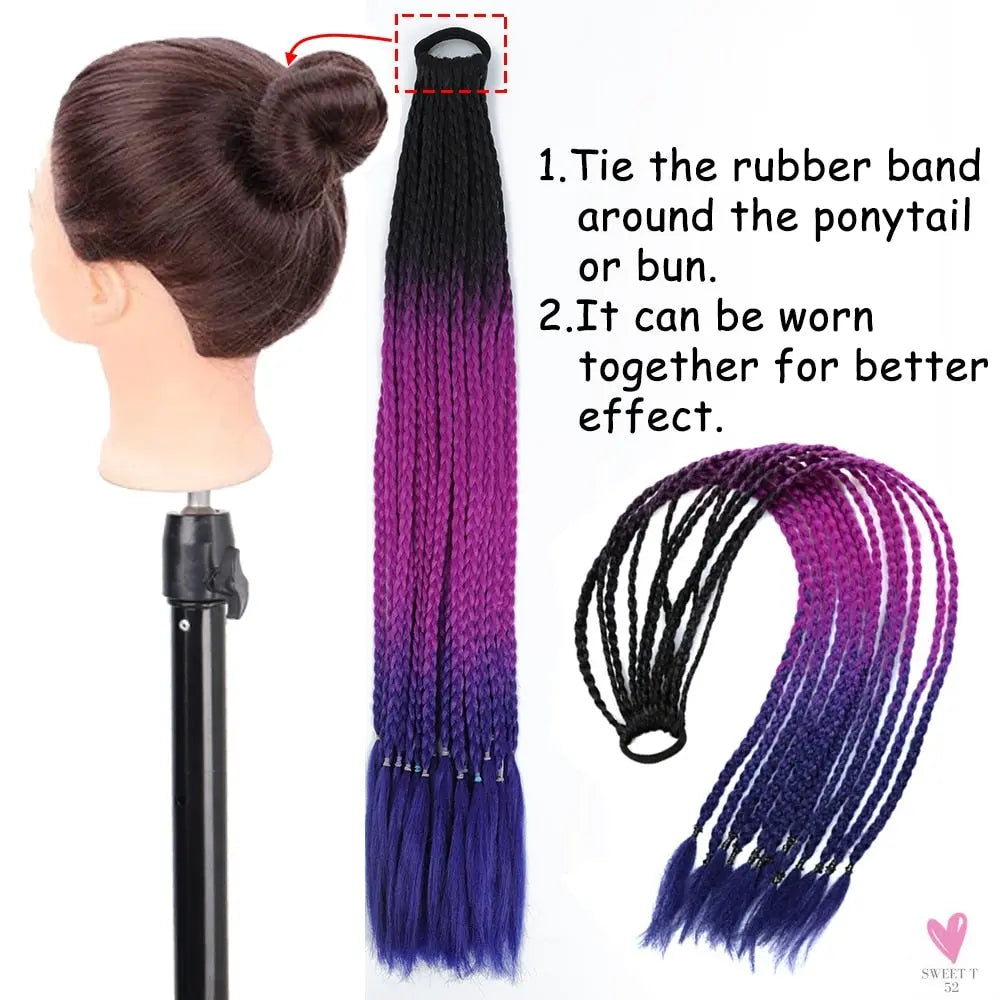 Synthetic Gradient Color Braided Ponytail - 60 CM Elastic Rubber Band Braiding Pony Tail Hair Extensions For Girls