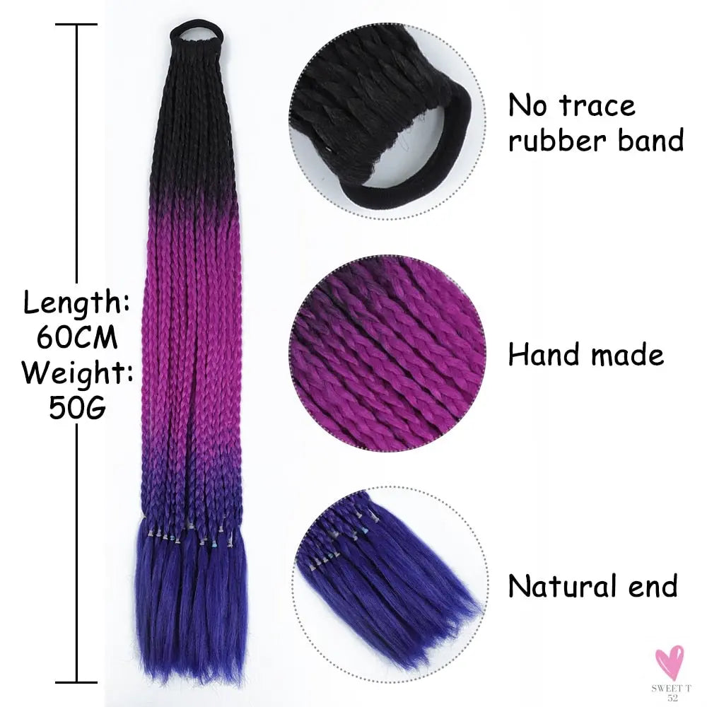 Synthetic Gradient Color Braided Ponytail - 60 CM Elastic Rubber Band Braiding Pony Tail Hair Extensions For Girls