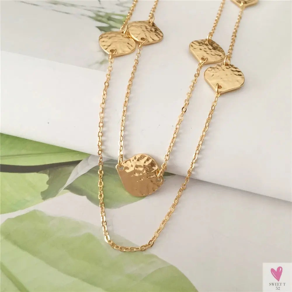 Trendy Gold Hammered Leaf Strand, Layered, Long Necklace For Women and Girls