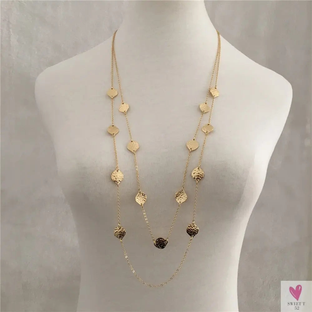 Trendy Gold Hammered Leaf Strand, Layered, Long Necklace For Women and Girls