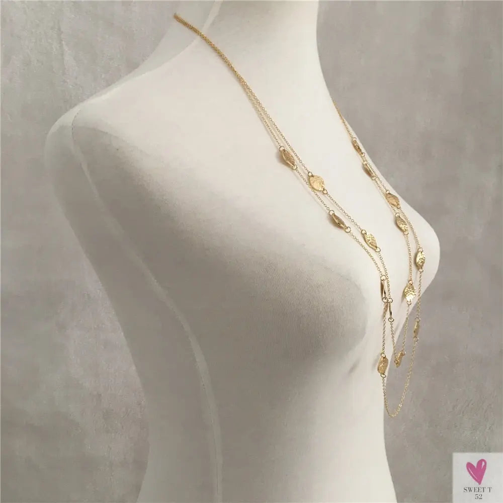 Trendy Gold Hammered Leaf Strand, Layered, Long Necklace For Women and Girls