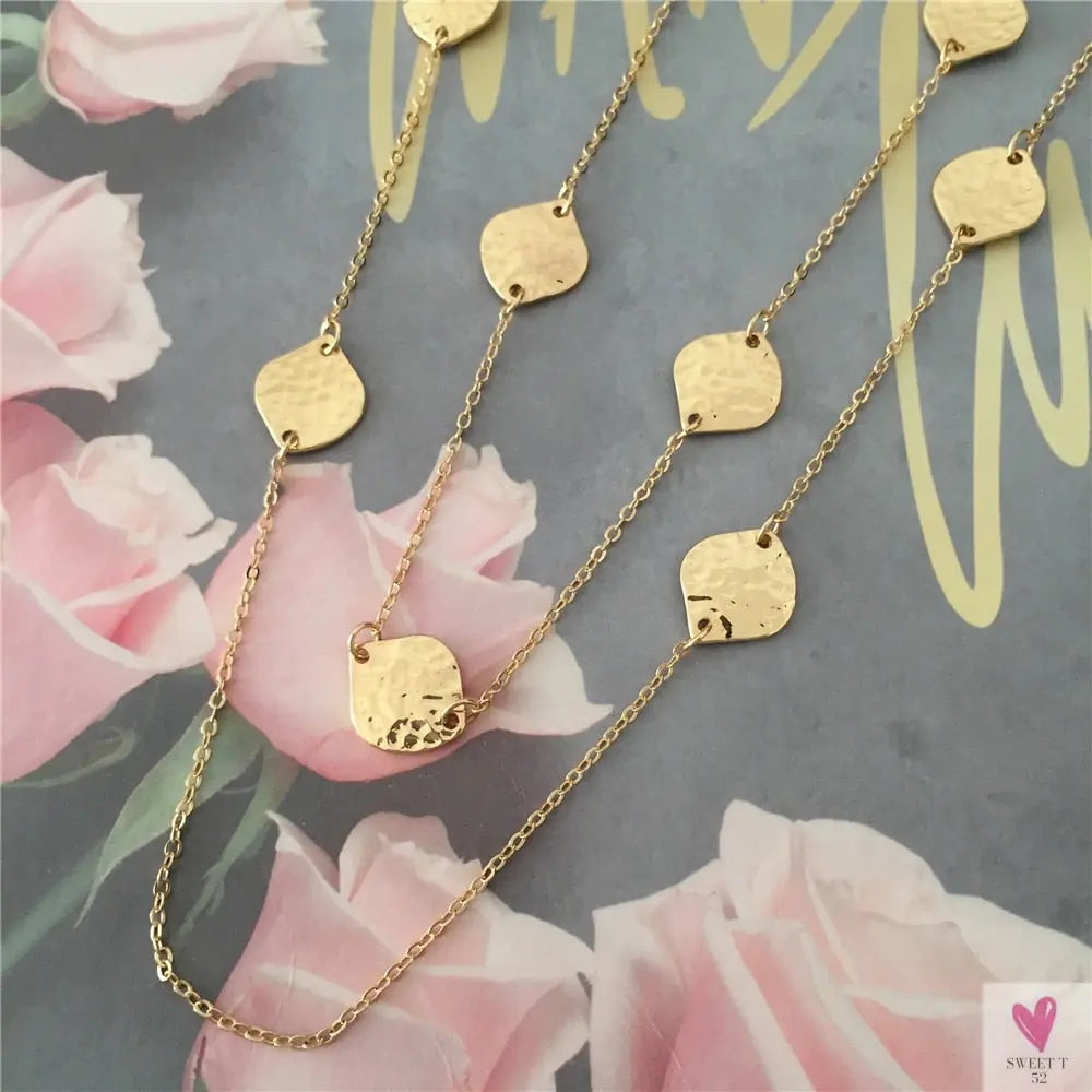 Trendy Gold Hammered Leaf Strand, Layered, Long Necklace For Women and Girls