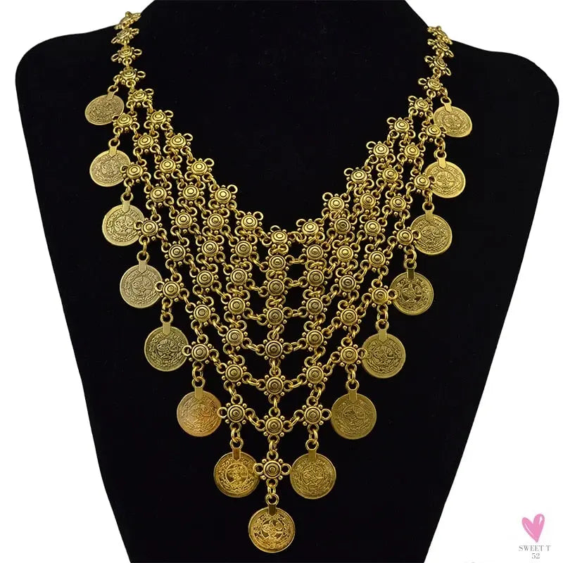 Turkish Gypsy Bib Coins Tassel/Choker Necklace and Dangle Earrings for Women