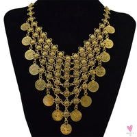 Turkish Gypsy Bib Coins Tassel/Choker Necklace and Dangle Earrings for Women