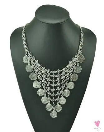 Turkish Gypsy Bib Coins Tassel/Choker Necklace and Dangle Earrings for Women