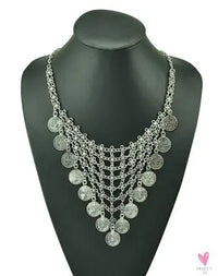 Turkish Gypsy Bib Coins Tassel/Choker Necklace and Dangle Earrings for Women