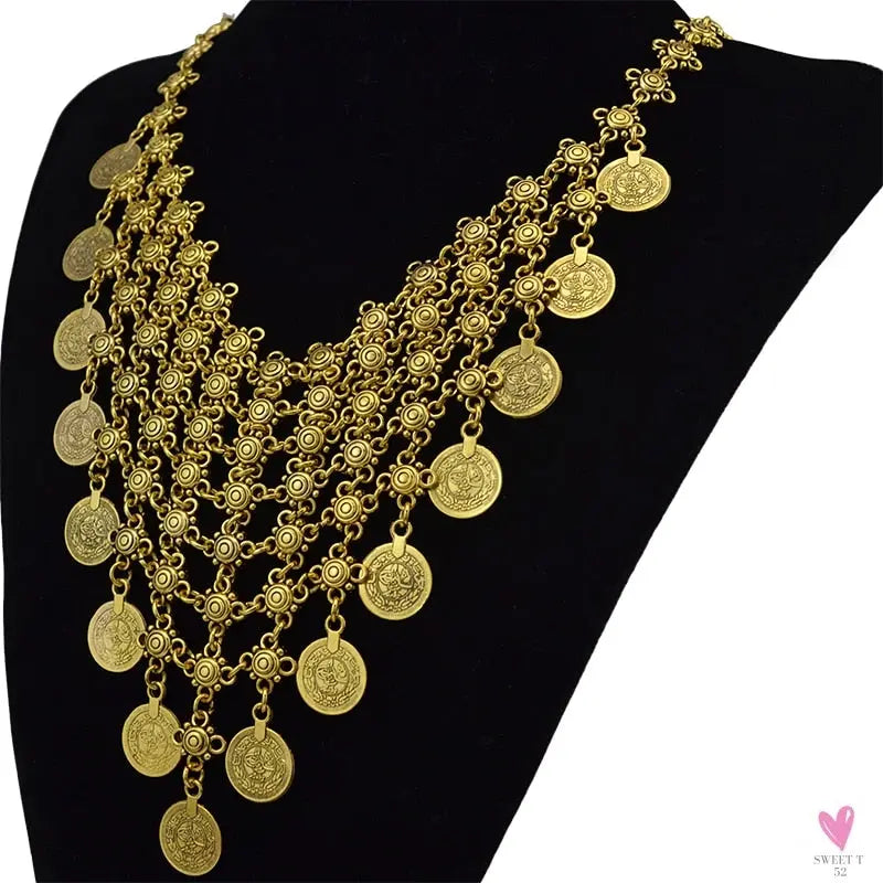 Turkish Gypsy Bib Coins Tassel/Choker Necklace and Dangle Earrings for Women