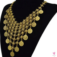Turkish Gypsy Bib Coins Tassel/Choker Necklace and Dangle Earrings for Women