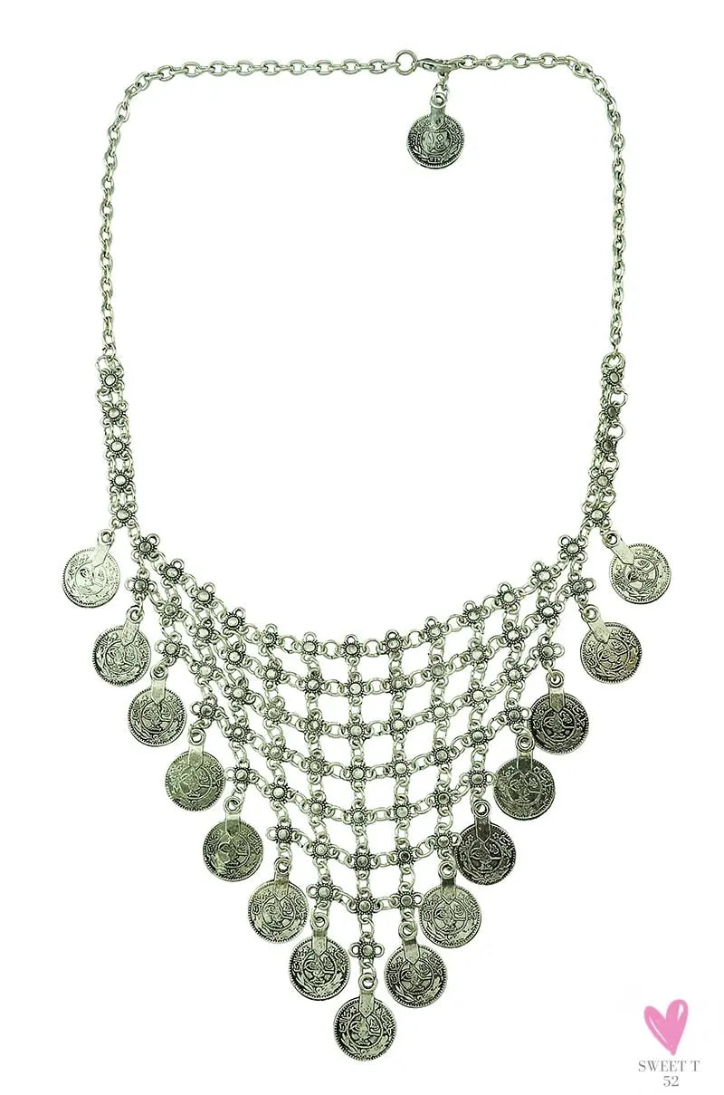 Turkish Gypsy Bib Coins Tassel/Choker Necklace and Dangle Earrings for Women