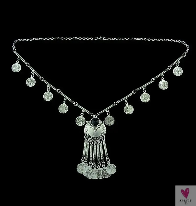 Turkish Gypsy Bib Coins Tassel/Choker Necklace and Dangle Earrings for Women