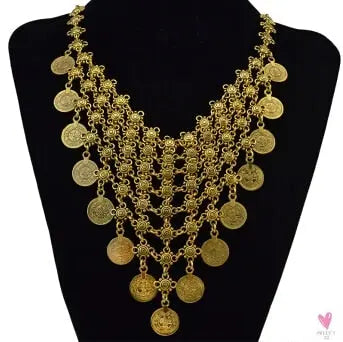 Turkish Gypsy Bib Coins Tassel/Choker Necklace and Dangle Earrings for Women