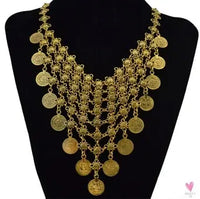 Turkish Gypsy Bib Coins Tassel/Choker Necklace and Dangle Earrings for Women