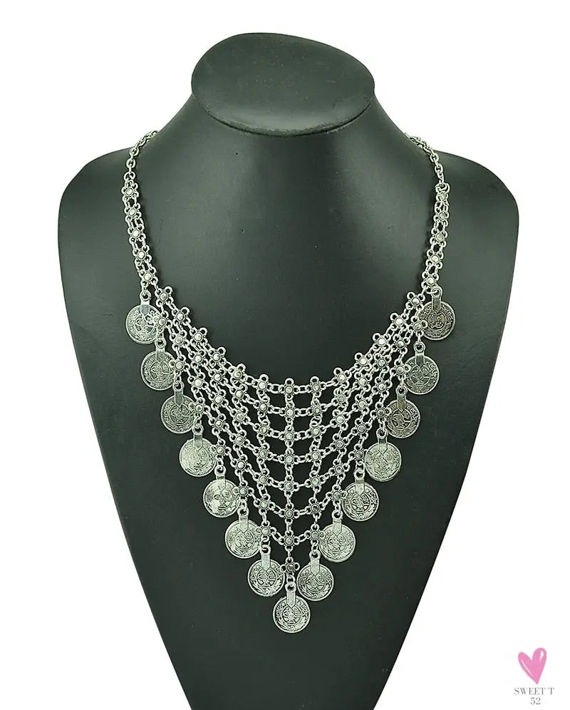 Turkish Gypsy Bib Coins Tassel/Choker Necklace and Dangle Earrings for Women