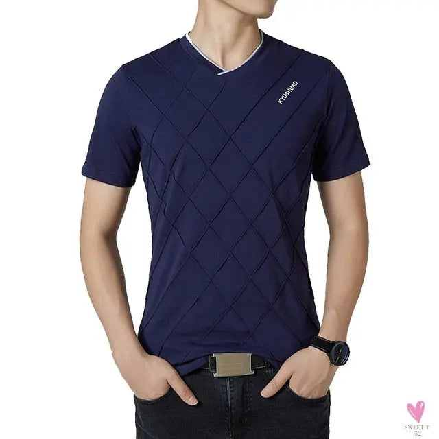 V-Neck Men's Cotton/Spandex Tee in Rhombic Pattern, Plus Sizes