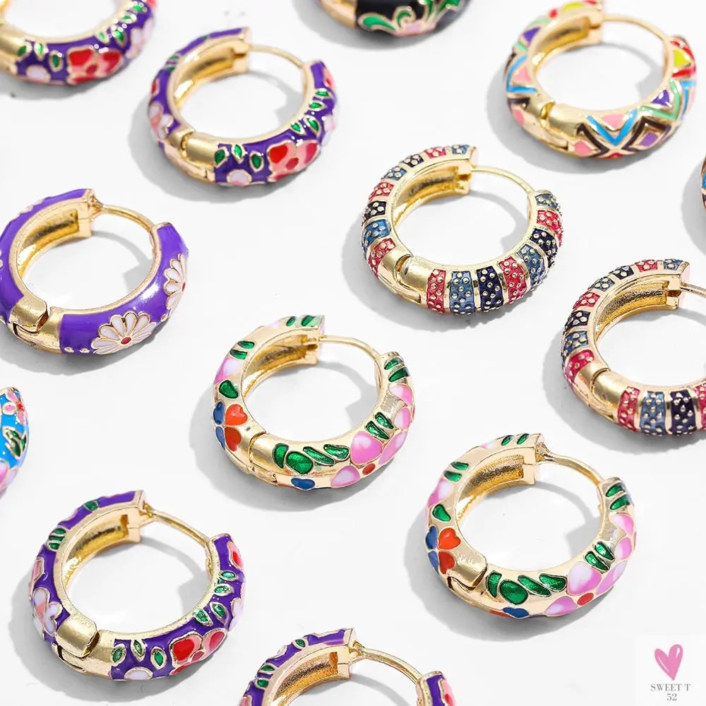 Vintage Enameled Flower Small Hoop Earrings - Trendy Geometric Statement, Round Circular Huggie Earrings for Women and Girls-earrings-SWEET T 52