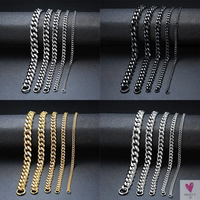 Wide Curb Cuban Basic 3/5/7/9/11mm Chain Link Bracelets for Men/Women - Anti Allergy Stainless Steel Wrist Wear