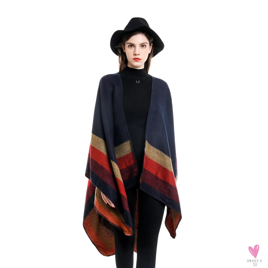 Women's Cashmere Feel Lady Shawl - Classic Striped Vintage Cape - Retro Cardigan/Cloak-Shirts & tops-SWEET T 52