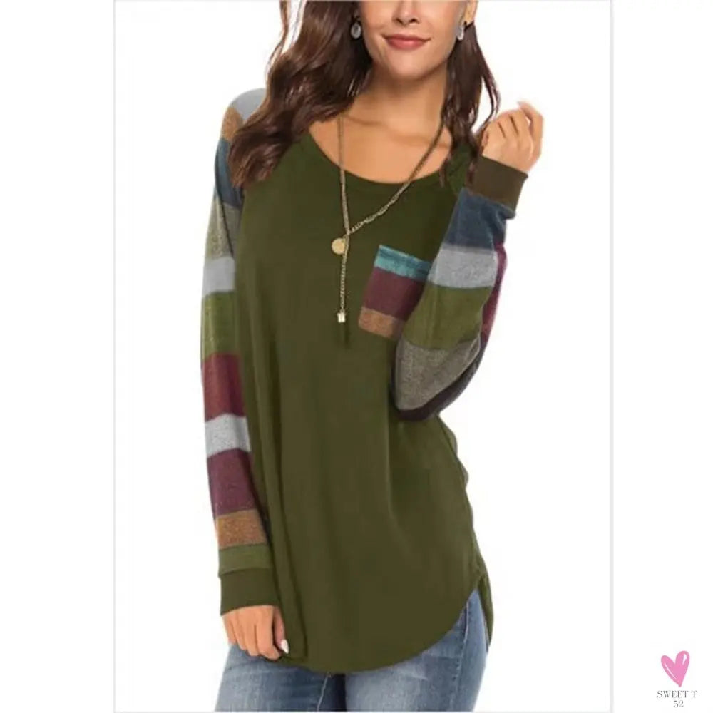 Women's Casual Color Block Long Sleeve Tee with Round Neck. Loose Tunic Top, Sweatshirt with Pocket