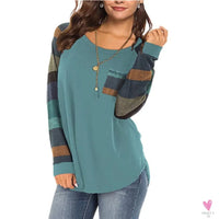 Women's Casual Color Block Long Sleeve Tee with Round Neck. Loose Tunic Top, Sweatshirt with Pocket