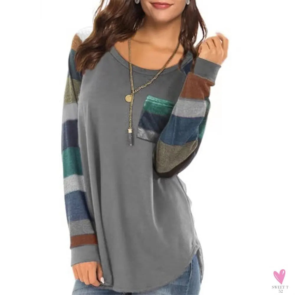 Women's Casual Color Block Long Sleeve Tee with Round Neck. Loose Tunic Top, Sweatshirt with Pocket