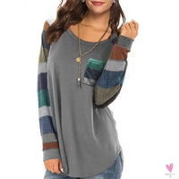 Women's Casual Color Block Long Sleeve Tee with Round Neck. Loose Tunic Top, Sweatshirt with Pocket