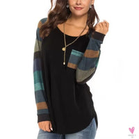 Women's Casual Color Block Long Sleeve Tee with Round Neck. Loose Tunic Top, Sweatshirt with Pocket