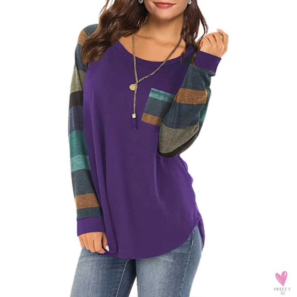 Women's Casual Color Block Long Sleeve Tee with Round Neck. Loose Tunic Top, Sweatshirt with Pocket