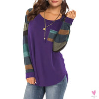 Women's Casual Color Block Long Sleeve Tee with Round Neck. Loose Tunic Top, Sweatshirt with Pocket
