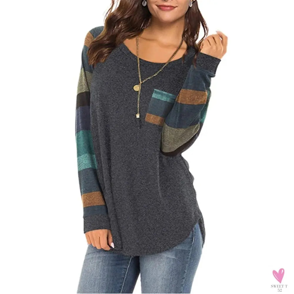 Women's Casual Color Block Long Sleeve Tee with Round Neck. Loose Tunic Top, Sweatshirt with Pocket