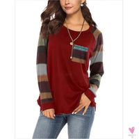 Women's Casual Color Block Long Sleeve Tee with Round Neck. Loose Tunic Top, Sweatshirt with Pocket