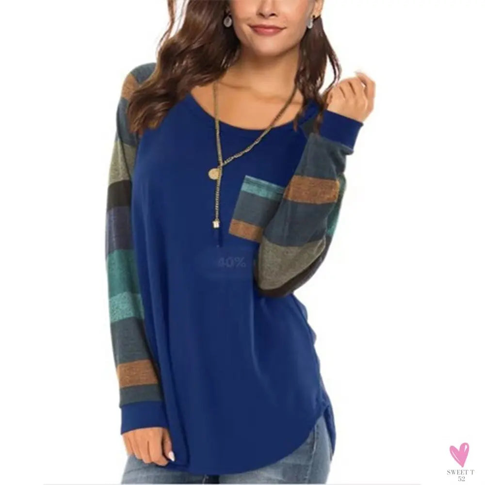 Women's Casual Color Block Long Sleeve Tee with Round Neck. Loose Tunic Top, Sweatshirt with Pocket