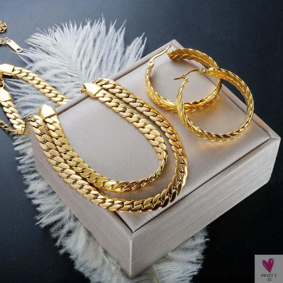 Women's Choker Style Necklace, Dangle Earrings and Bracelet Set in Gold