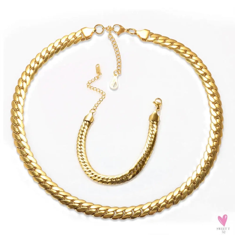 Women's Choker Style Necklace, Dangle Earrings and Bracelet Set in Gold