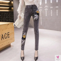 Women's Flower Embroidered Straight leg Jeans - Female Casual Pencil Pants, Straight Leg Jeans
