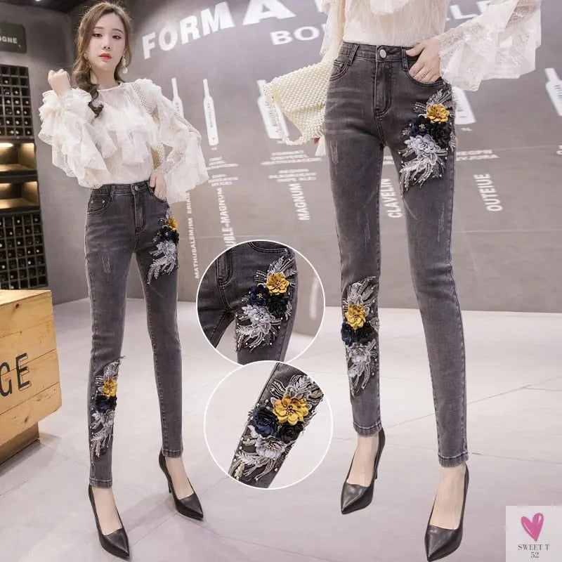 Women's Flower Embroidered Straight leg Jeans - Female Casual Pencil Pants, Straight Leg Jeans