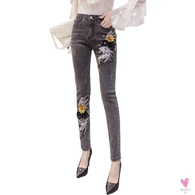 Women's Flower Embroidered Straight leg Jeans - Female Casual Pencil Pants, Straight Leg Jeans