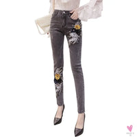Women's Flower Embroidered Straight leg Jeans - Female Casual Pencil Pants, Straight Leg Jeans
