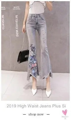 Women's Flower Embroidered Straight leg Jeans - Female Casual Pencil Pants, Straight Leg Jeans