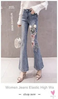 Women's Flower Embroidered Straight leg Jeans - Female Casual Pencil Pants, Straight Leg Jeans