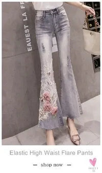 Women's Flower Embroidered Straight leg Jeans - Female Casual Pencil Pants, Straight Leg Jeans