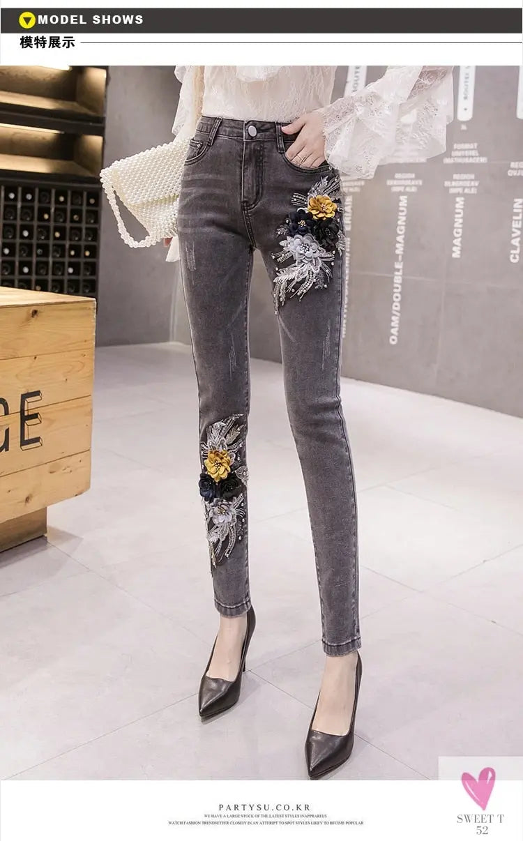 Women's Flower Embroidered Straight leg Jeans - Female Casual Pencil Pants, Straight Leg Jeans