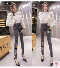 Women's Flower Embroidered Straight leg Jeans - Female Casual Pencil Pants, Straight Leg Jeans