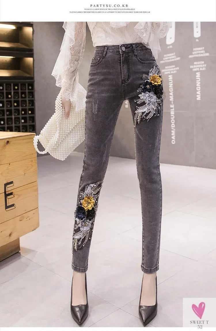 Women's Flower Embroidered Straight leg Jeans - Female Casual Pencil Pants, Straight Leg Jeans